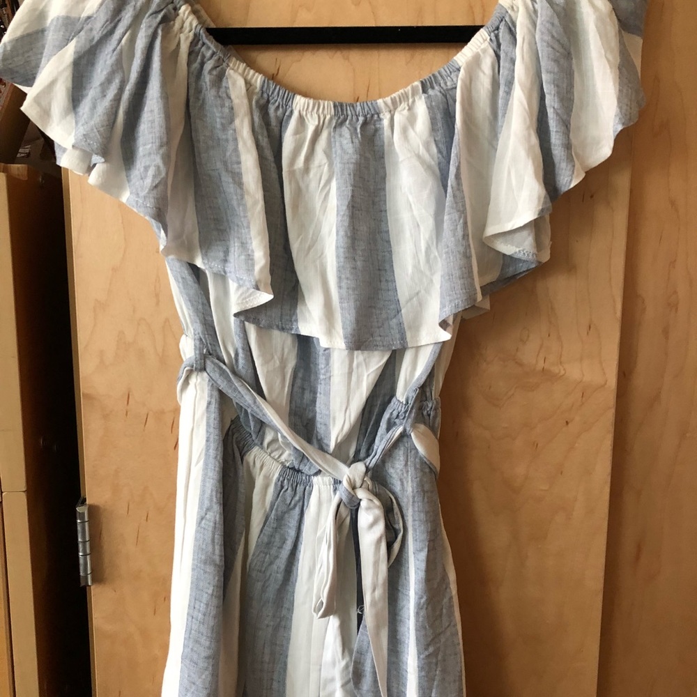 Blue and white striped off shoulder romper